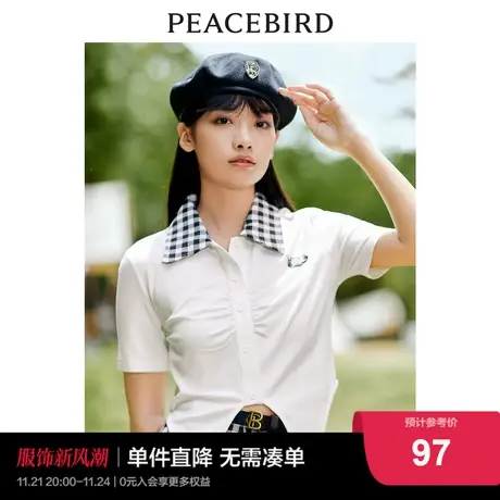太平鸟撞色设计感polo领t恤女夏2023新款短款设计感下摆短袖上衣商品大图