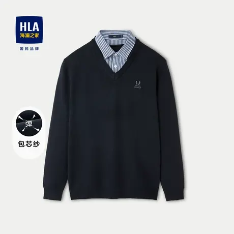 HLA/海澜之家假两件保暖针织衫2023秋冬新款不易起球撞色毛衣男商品大图