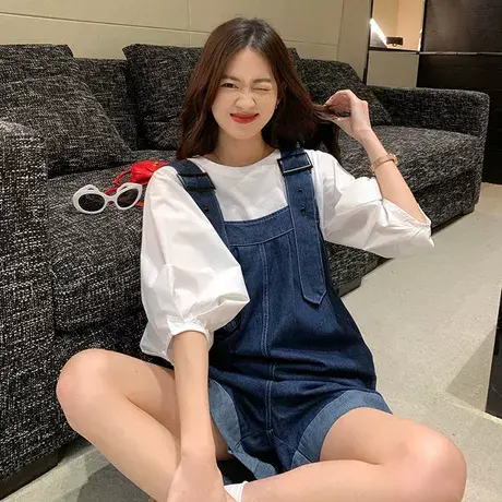 大码牛仔背带裤套装女胖mm夏季韩版设计感宽松卷边阔腿短裤200斤图片