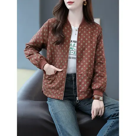 宝诗黎棒球领波点印花短外套女拉链开衫2023秋季新款休闲上衣夹克商品大图