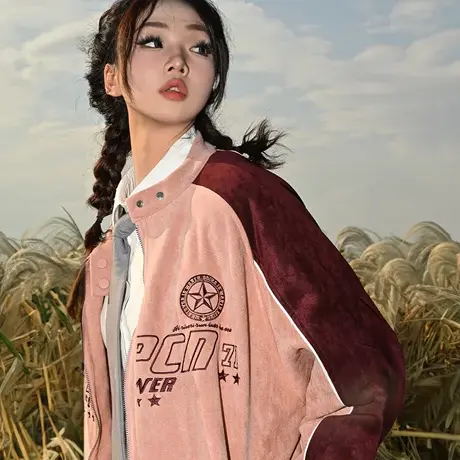 YEP机车风复古拼接棉服女冬季美拉德加厚外套夹棉袄街头立领棉衣商品大图