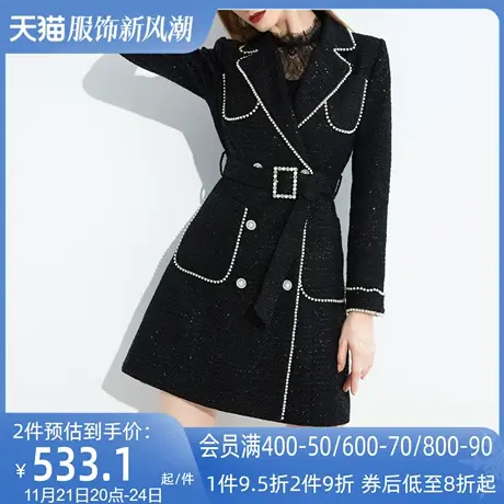 AUI小香风中长款呢子西装外套2024女冬新款修身气质黑色毛呢大衣图片