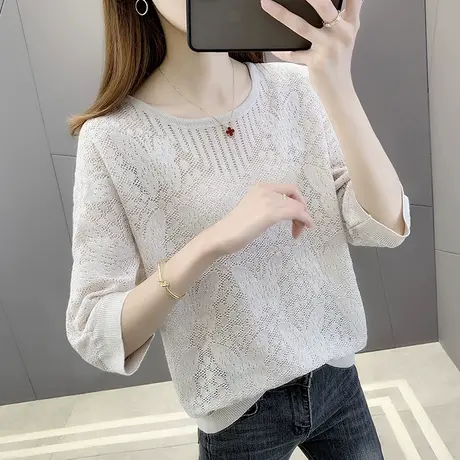 春夏女2024年新款七分袖针织衫宽松镂空毛衣女洋气内搭打底衫上衣图片