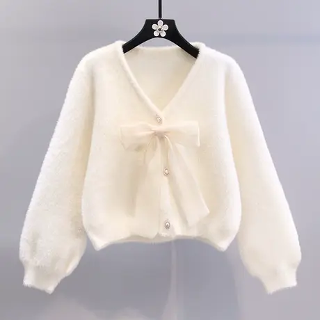 蝴蝶结设计感水貂绒毛衣外套女秋冬2023宽松短款洋气减龄针织开衫图片