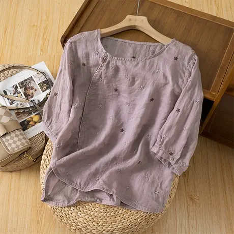 享永子五分袖苎麻上衣女夏文艺复古宽松显瘦棉麻刺绣小衫2023新款图片