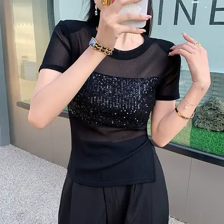 性感网纱透视T恤女短袖欧货夜店风闪亮片开叉上衣气质圆领小衫潮图片