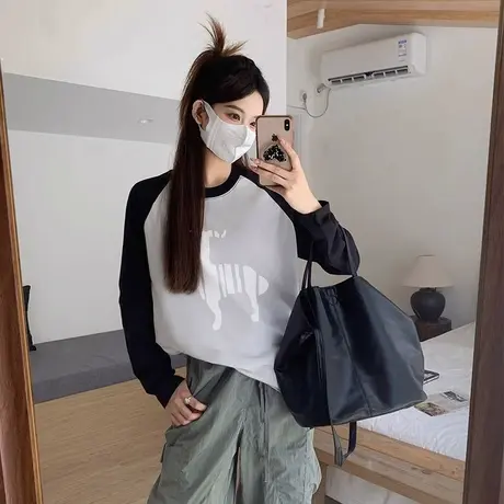 秋冬新款100%纯棉印花卡通圆领长袖t恤女百搭小众bm风韩版上衣女商品大图