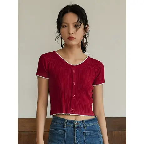 弥古红色冰丝针织上衣短款女夏薄款高腰露脐短袖t恤气质休闲女装商品大图