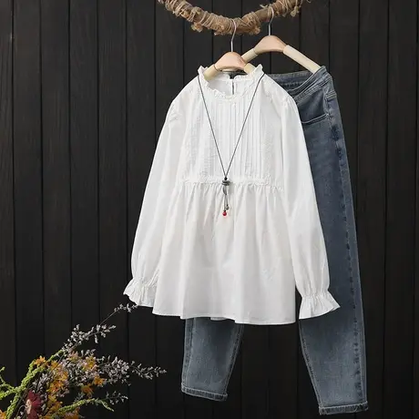 纯色花边领套头白衬衫女长袖秋季新款褶皱拼接宽松小众娃娃衫上衣图片