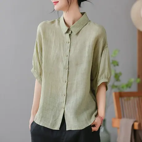 dza 复古苎麻短袖衬衫女2023夏薄款纯色衬衣宽松显瘦棉麻开衫上衣商品大图