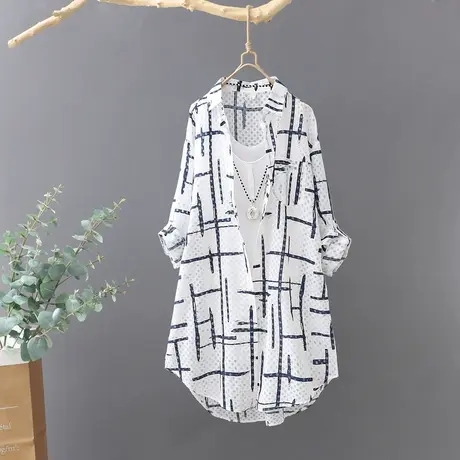 文艺印花翻领长袖衬衫女夏季新款薄开衫中长款宽松防晒衬衣外套棉商品大图