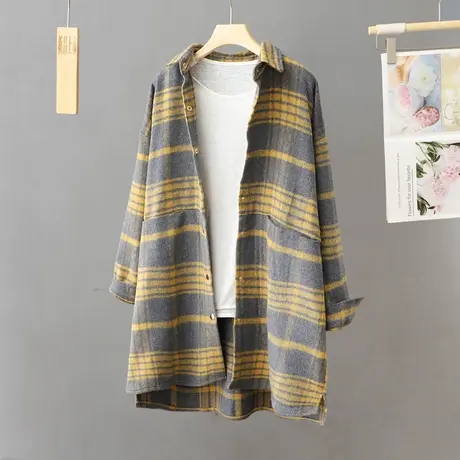 加厚磨毛格子衬衫外套女秋冬季2024新款宽松毛呢长款过膝呢子外套图片