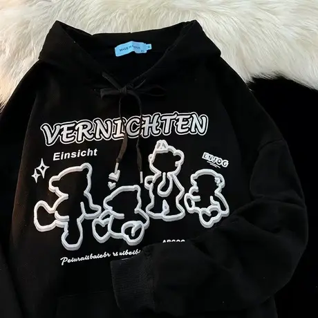 黑色连帽卫衣女春秋冬季加绒加厚2024年新款爆款宽松山东即墨外套图片