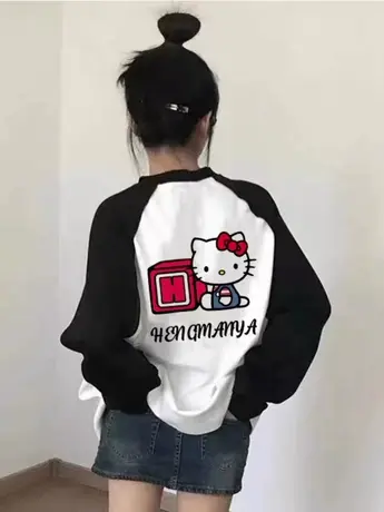 插肩长袖拼接T恤女印花春秋新款小众设计感宽松百搭纯棉撞色上衣图片