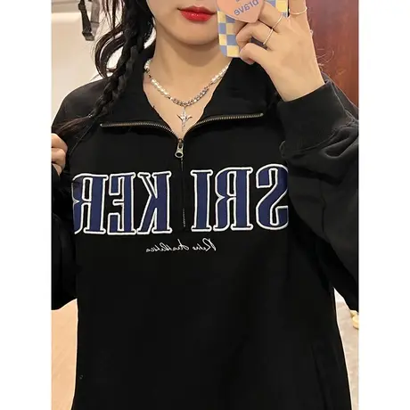 oversize大码设计感半拉链卫衣女ins潮牌秋冬加绒复古polo领上衣商品大图