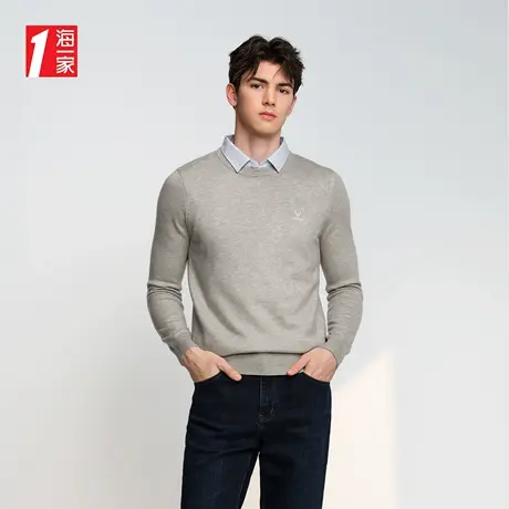 海一家简约休闲上衣2023秋季新款时尚绣花基础大众双领针织衫男图片