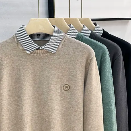 抗起球假两件毛衣男衬衫领23秋冬季新款商务休闲高档男针织衫上衣图片