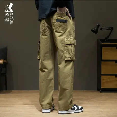 希越卡其色直筒休闲裤子男宽松大码2023秋冬潮牌多口袋纯棉工装裤商品大图