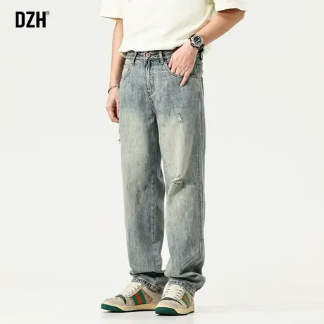 男士复古破洞牛仔裤男春夏款大码男裤美式高街裤子2023新款直筒裤商品大图