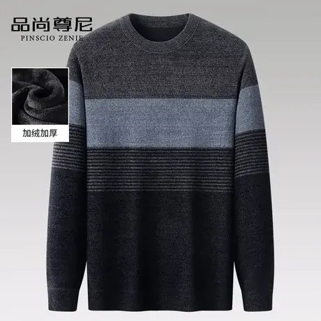 毛衣男中老年爸爸装秋冬款撞色条纹加绒加厚宽松套头雪尼尔针织衫商品大图