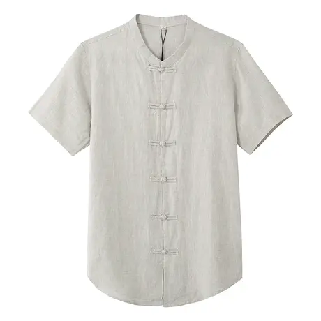 亚麻短袖衬衫男休闲宽松棉麻复古夏季薄款男士上衣立领中国风衬衣图片