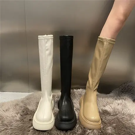 厚底白色长筒长靴子女2024新款春秋季中筒小个子卡其色高筒骑士靴图片