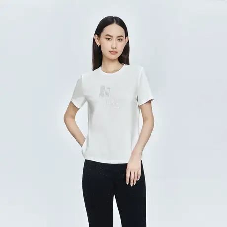 LANCY/悦朗姿2023春季奥莱印花短袖T恤圆领休闲运动烫钻上衣女图片
