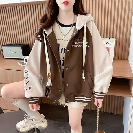 棒球服外套女秋冬韩版宽松加绒加厚小个子设计感小众撞色百搭卫衣商品大图