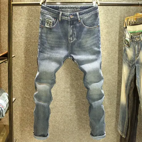 潮牌怀旧百搭牛仔裤男款修身直筒弹力裤子个性小刺绣百搭休闲长裤图片