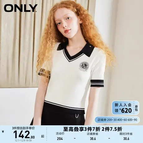 【上新】ONLY奥莱夏季新款学院风徽章V领弹力短袖针织衫女商品大图