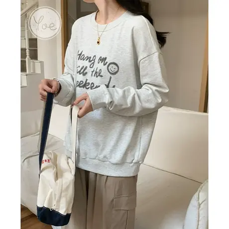 yoe笑脸印花圆领卫衣女米杏色春装上衣女款宽松小个子慵懒设计感商品大图