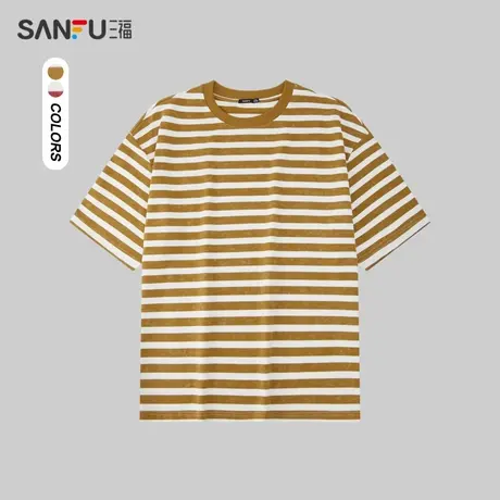三福2024夏季新款短袖t恤男重磅晕染细横条纹情侣宽松圆领打底衫商品大图
