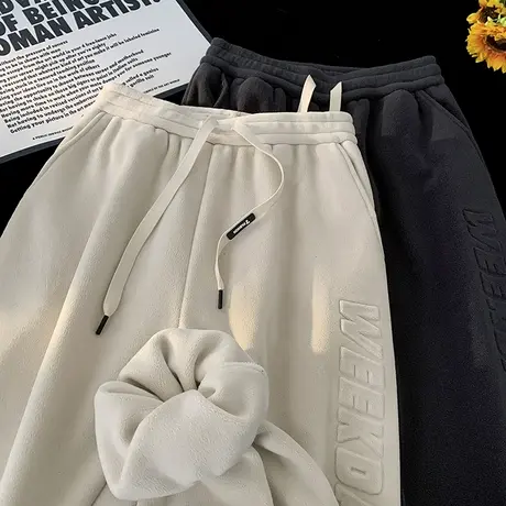 裤子男冬款加绒2024新款钢印字母休闲裤ins纯色潮流加厚束脚长裤图片