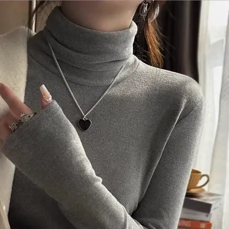 德绒保暖堆堆高领长袖T恤女冬季修身显瘦加厚加绒打底衫内搭上衣商品大图