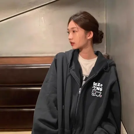 oversize卫衣女2023秋冬季设计感小众连帽慵懒风加绒加厚开衫外套商品大图