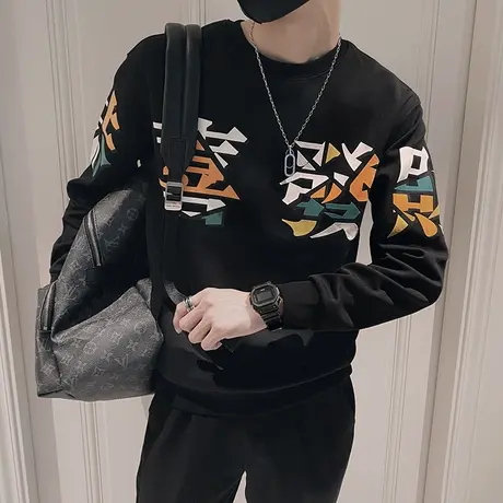 男生日系圆领卫衣秋冬ins潮牌修身衣服恭喜发财冬季潮流无帽外套商品大图