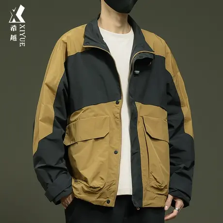 希越春秋拼接撞色夹克男春季美式户外宽松大码男士高级感工装外套商品大图