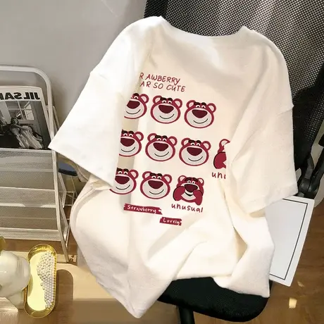 美式复古草莓小熊白色短袖女2024新款小衫小个子洋气上衣减龄T恤商品大图