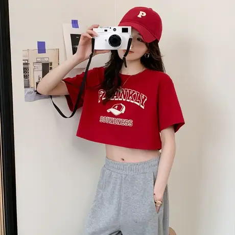 唐狮杏色圆领短袖T恤女夏季美式宽松休闲学院风短款上衣辣妹潮图片