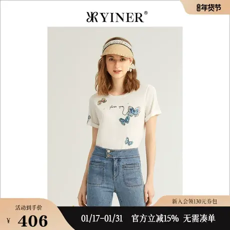 YINER音儿女装2022夏季气质蝴蝶印花圆领针织衫图片