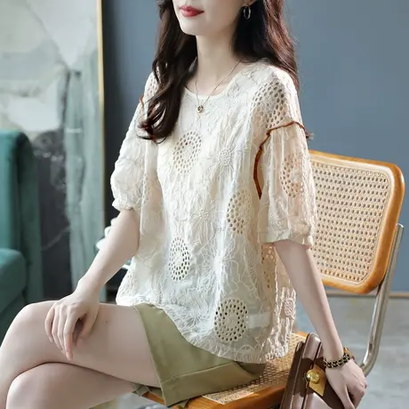 宝诗黎蕾丝绣花镂空雪纺衫女2024新款圆领五分袖天丝春装休闲上衣商品大图