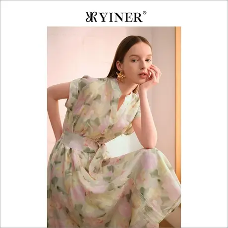 YINER音儿女装2023夏季含桑蚕丝显瘦腰带印花连衣裙图片