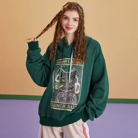 a02【新年款】2024春季新款美式街头复古风印花加绒连帽女式卫衣图片