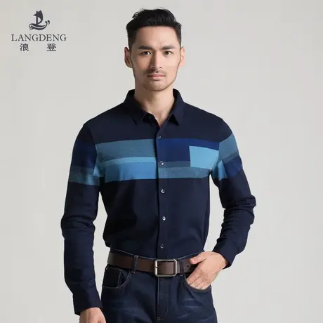 浪登男士纯棉开胸款长袖T恤2023秋冬中青年时尚拼色格纹上衣男商品大图