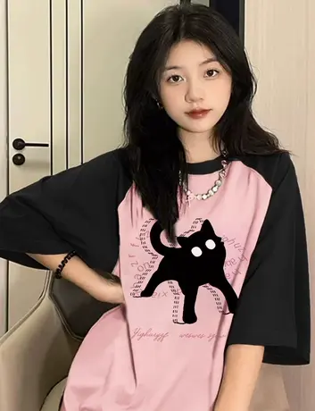 撞色插肩袖短袖t恤女多巴胺纯棉夏季美式复古港味chic宽松上衣潮商品大图