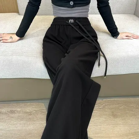 高腰休闲阔腿裤女2024早春新款宽松显瘦直筒抽绳春秋针织拖地长裤商品大图