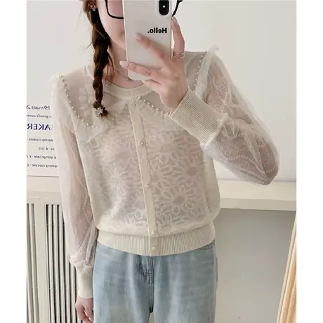娃娃领短款针织衫上衣女装长袖2023年早秋季新款蕾丝袖内搭打底衫图片