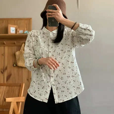 dza 复古休闲纯棉长袖衬衫女春季新款外穿宽松上衣碎花polo领衬衣图片