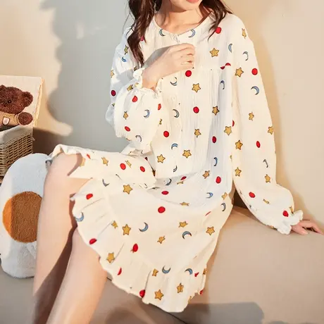 唐狮春夏季新款可爱长袖睡裙女甜美少女纯棉纱布家居服睡衣可外穿图片