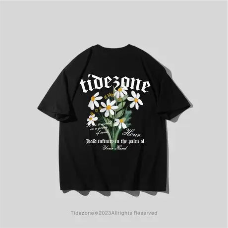 Ohlyah潮牌街头夏季植物花卉小雏菊印花纯棉重磅短袖T恤男女同款图片